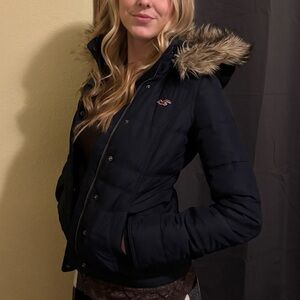 Navy blue Hollister Jacket with Fur Hood